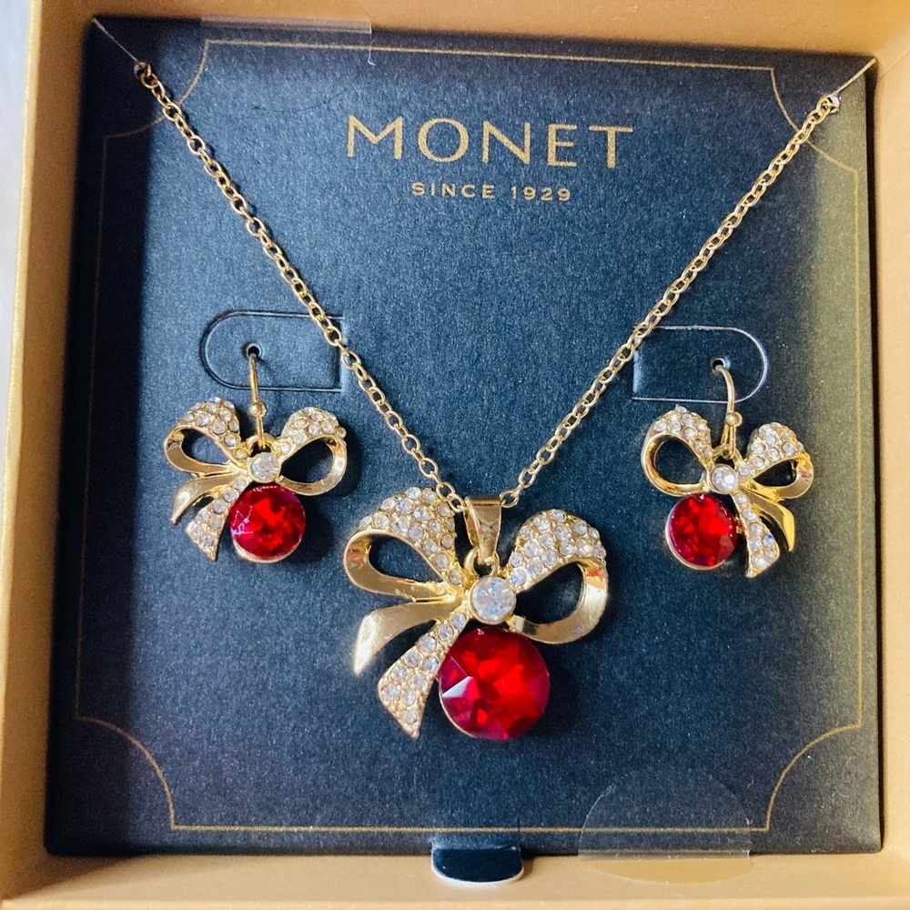 Monet Gold-Tone Bow Necklace and Earrings with Red Crystals